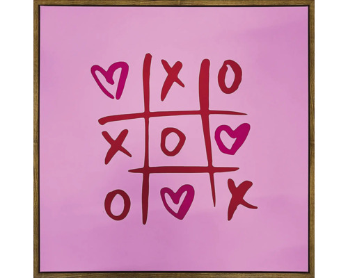Gerahmtes Leinwandbild Pink XOXO 50x50 cm Dekoratives Bild mit Tic-Tac-Toe-Motiv inklusive Herzen