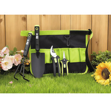 Gartengeräteset mit Tasche, bestehend aus einer Schaufel, einem Grubber, einer Gartenschere und einer Rosenschere.