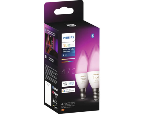 Verpackung von zwei Philips Hue E14 Lampen mit Weiß- und Farbambiente