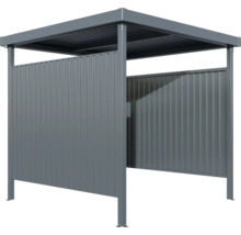 Grauer Metall-Unterstand mit teilweise geschlossenen Wänden.