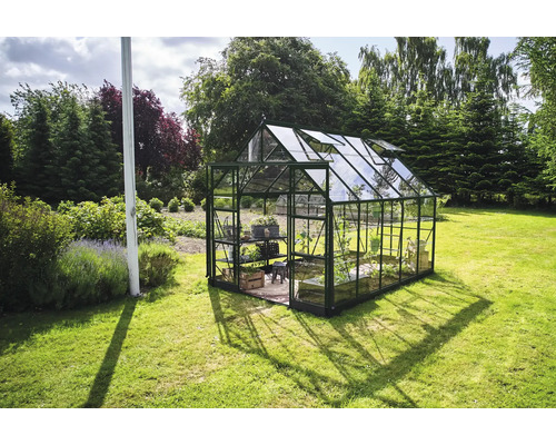 Gewächshaus im Garten mit Regalen, Pflanzen und geöffneten Fenstern.