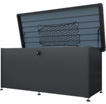 Coffre de rangement gris ouvert avec filet