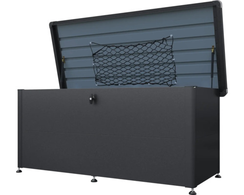 Coffre de rangement gris ouvert avec filet