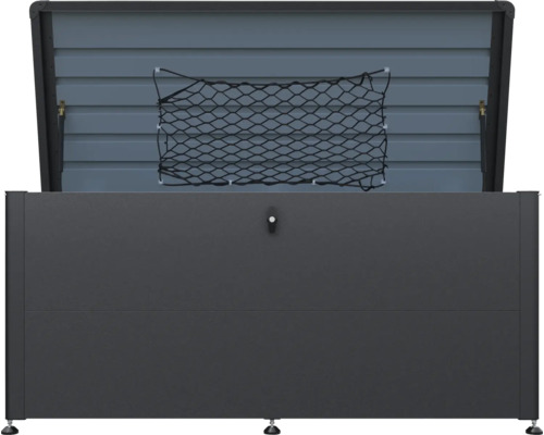 Coffre de rangement en métal ouvert avec filet