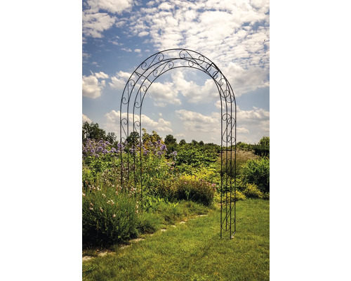 Arche à roses métallique dans un jardin avec des fleurs