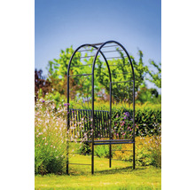 Banc de jardin avec arche de roses dans le jardin