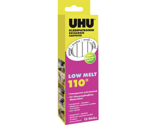 UHU Klebepatronen Low Melt 110 Grad, 15 Stück, transparent und elastisch, für hitzeempfindliche Materialien
