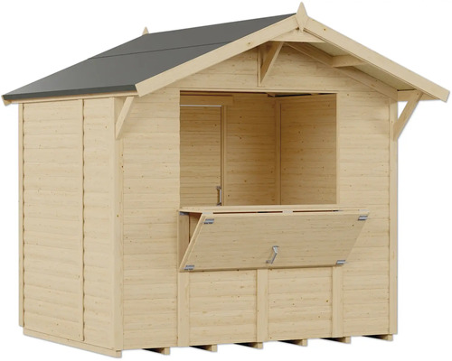 Verkaufsstand aus Holz mit geöffneter Theke