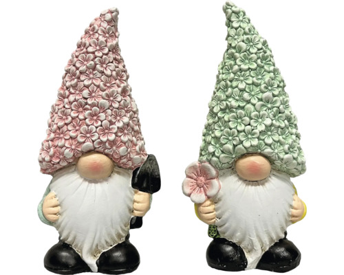 Zwei Gartenzwerge mit Blumenhut, einer mit Schaufel, einer mit Blume