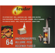 Feudor Anzündwürfel Packung mit Abbildungen von Grill, Lagerfeuer und Kamin
