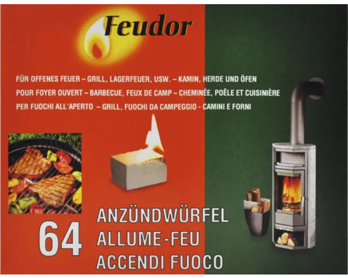 Feudor Anzündwürfel Packung mit Abbildungen von Grill, Lagerfeuer und Kamin
