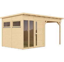 Abri de jardin en bois avec fenêtres, porte et terrasse couverte