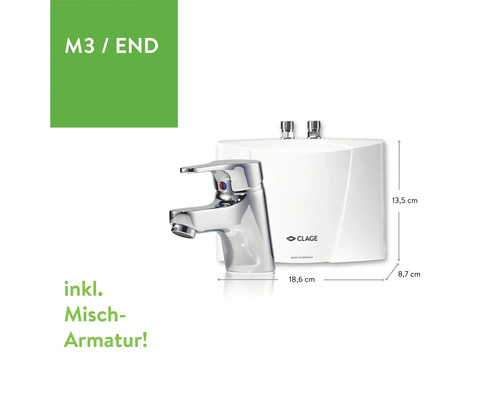 Chauffe-eau instantané compact Clage avec mitigeur et dimensions