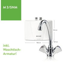 Chauffe-eau instantané Clage avec robinet de lavabo, dimensions indiquées