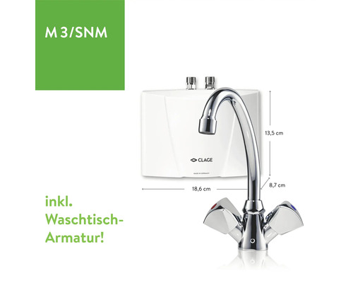 Chauffe-eau instantané Clage avec robinet de lavabo, dimensions indiquées