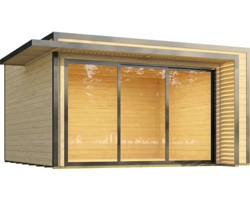 Modernes Gartenhaus mit Schiebetür und Holzverkleidung