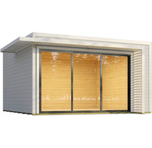 Abri de jardin moderne avec porte coulissante et revêtement en bois