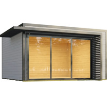 Abri de jardin moderne avec porte coulissante et paroi à lamelles