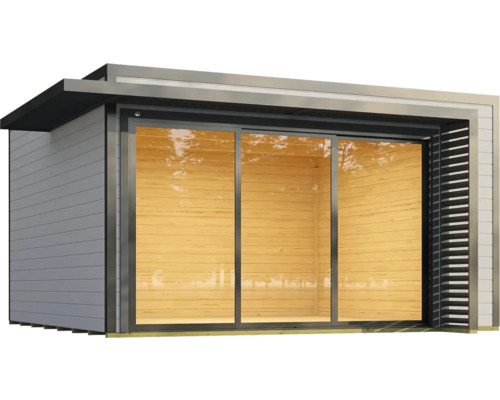 Abri de jardin moderne avec porte coulissante et paroi à lamelles