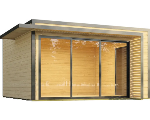 Holzgartenhaus mit Schiebetür aus Glas
