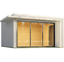 Modernes Gartenhaus mit grossen Glasschiebetüren und Holzverkleidung