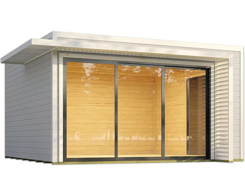 Modernes Gartenhaus mit grossen Glasschiebetüren und Holzverkleidung