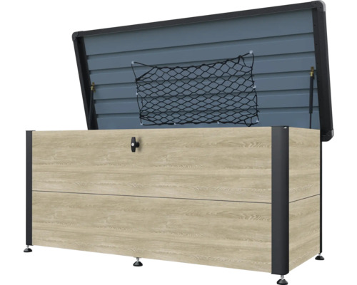 Coffre de jardin ouvert pour ranger le matériel de jardinage