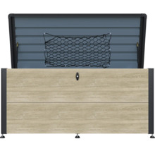 Coffre de jardin ouvert en bois avec filet de rangement