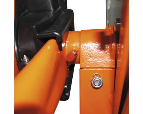 Detailaufnahme eines orangefarbenen Bauteils mit Schrauben