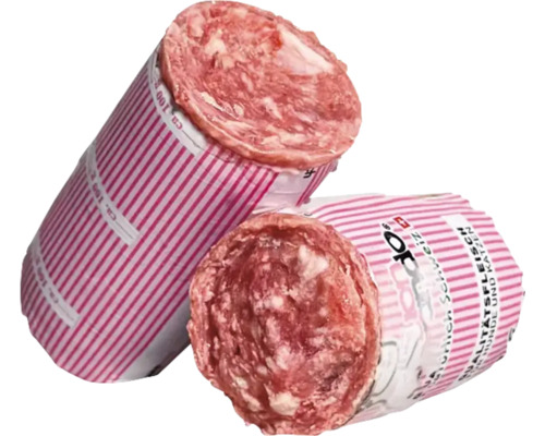 Zwei Rollen Hundefutter mit der Aufschrift Schweizer Qualitätsfleisch für Hunde und Katzen.