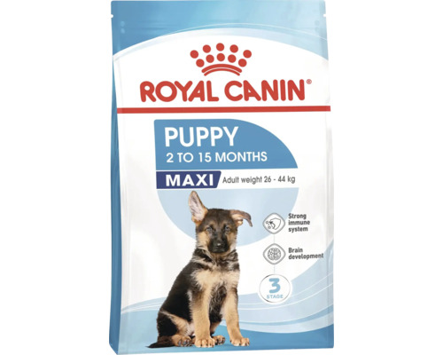 Aliment pour chiots Royal Canin Puppy Maxi pour chiots de 2 à 15 mois pesant entre 26 et 44 kilogrammes.