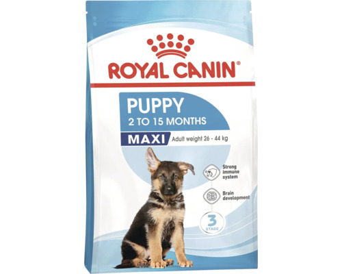 Logo Royal Canin. Emballage d'aliments secs pour chiens Puppy Maxi pour chiots de 2 à 15 mois avec un poids final de 26 à 44 kilogrammes.