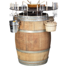 Table haute tonneau à vin avec accessoires tels que porte-verres, rafraîchisseur à vin et paniers