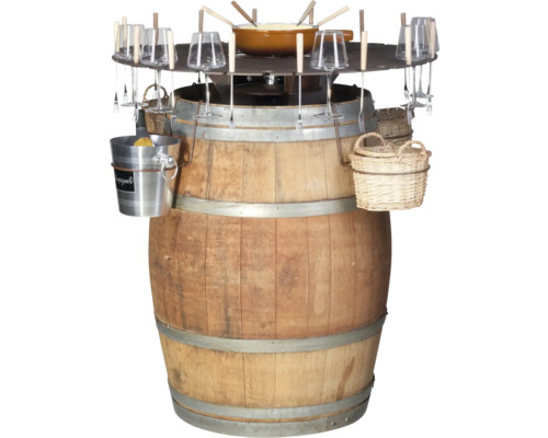 Table haute tonneau à vin avec accessoires tels que porte-verres, rafraîchisseur à vin et paniers