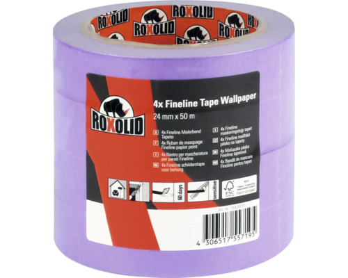 ROXOLID Profipack Fineline Tape Tapete 24 mm x 50 m 4 Stück Roxolid Fineline Malerkrepp für Tapeten, 24 Millimeter mal 50 Meter