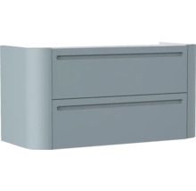 Waschtischunterschrank mit zwei Schubladen und abgerundeter Seitenwand.