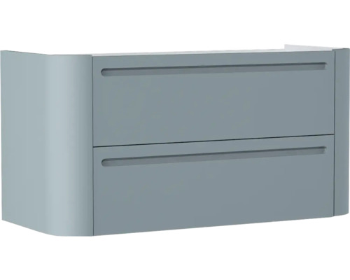 Waschtischunterschrank mit zwei Schubladen und abgerundeter Seitenwand.