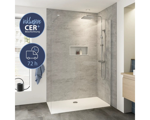 Douche à l'italienne avec receveur de douche, robinetterie de douche et étagère intégrée