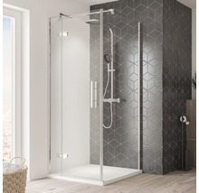 Cabine de douche avec ensemble de douche devant un mur à motifs gris