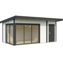 Abri de jardin moderne avec porte coulissante et porte latérale