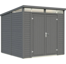 Abri de jardin gris avec double porte et lanterneau