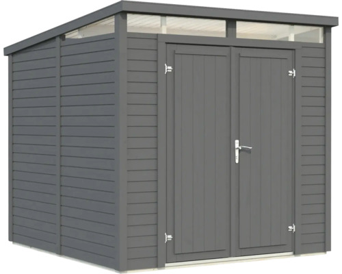 Abri de jardin gris avec double porte et lanterneau