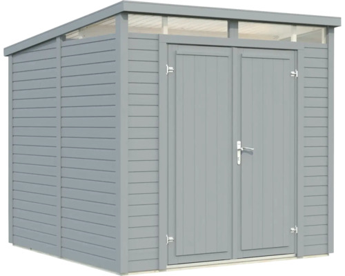 Abri de jardin en bois gris avec double porte et fenêtre