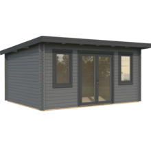 Abri de jardin gris avec fenêtres et porte double