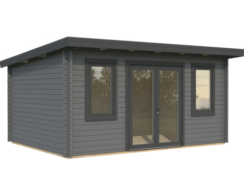 Abri de jardin gris avec fenêtres et porte double