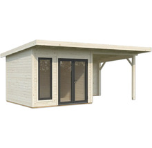 Abri de jardin en bois avec fenêtre et double porte, ainsi qu'une terrasse couverte