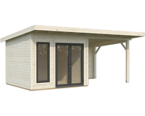 Abri de jardin en bois avec fenêtre et double porte, ainsi qu'une terrasse couverte