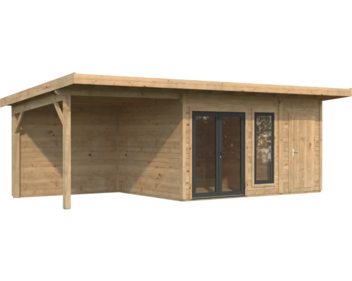 Holzgartenhaus mit Vordach und Fenstertüren