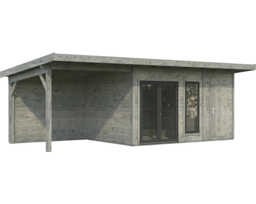 Abri de jardin en bois avec auvent, double porte et porte simple