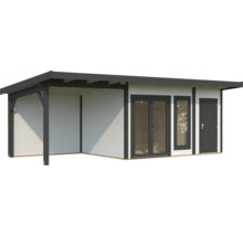 Abri de jardin en bois avec véranda couverte, porte double et porte simple